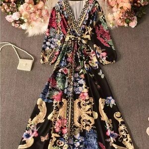 (BLACK) Goddess Ethereal Boho Balloon Sleeve Midi/Maxi Dress